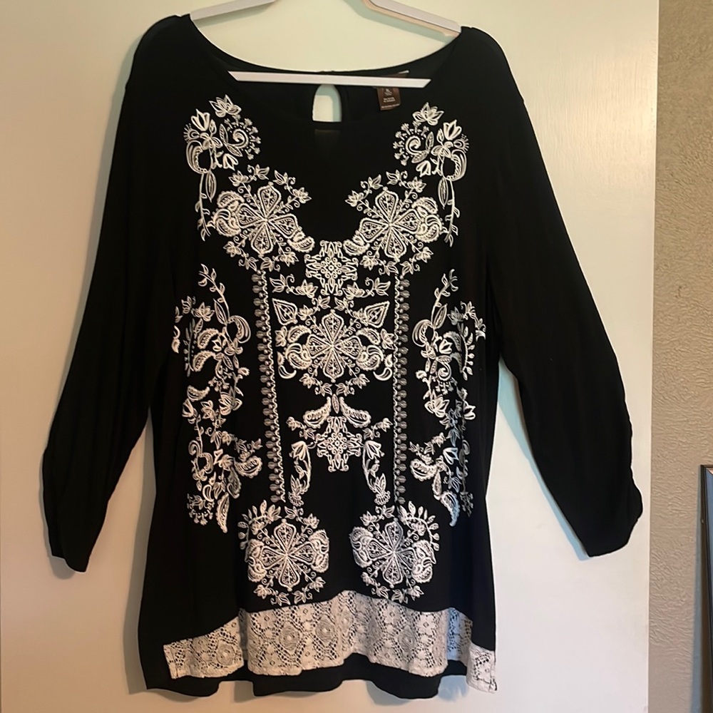Multiples black long sleeve tunic with lace trim at bottom